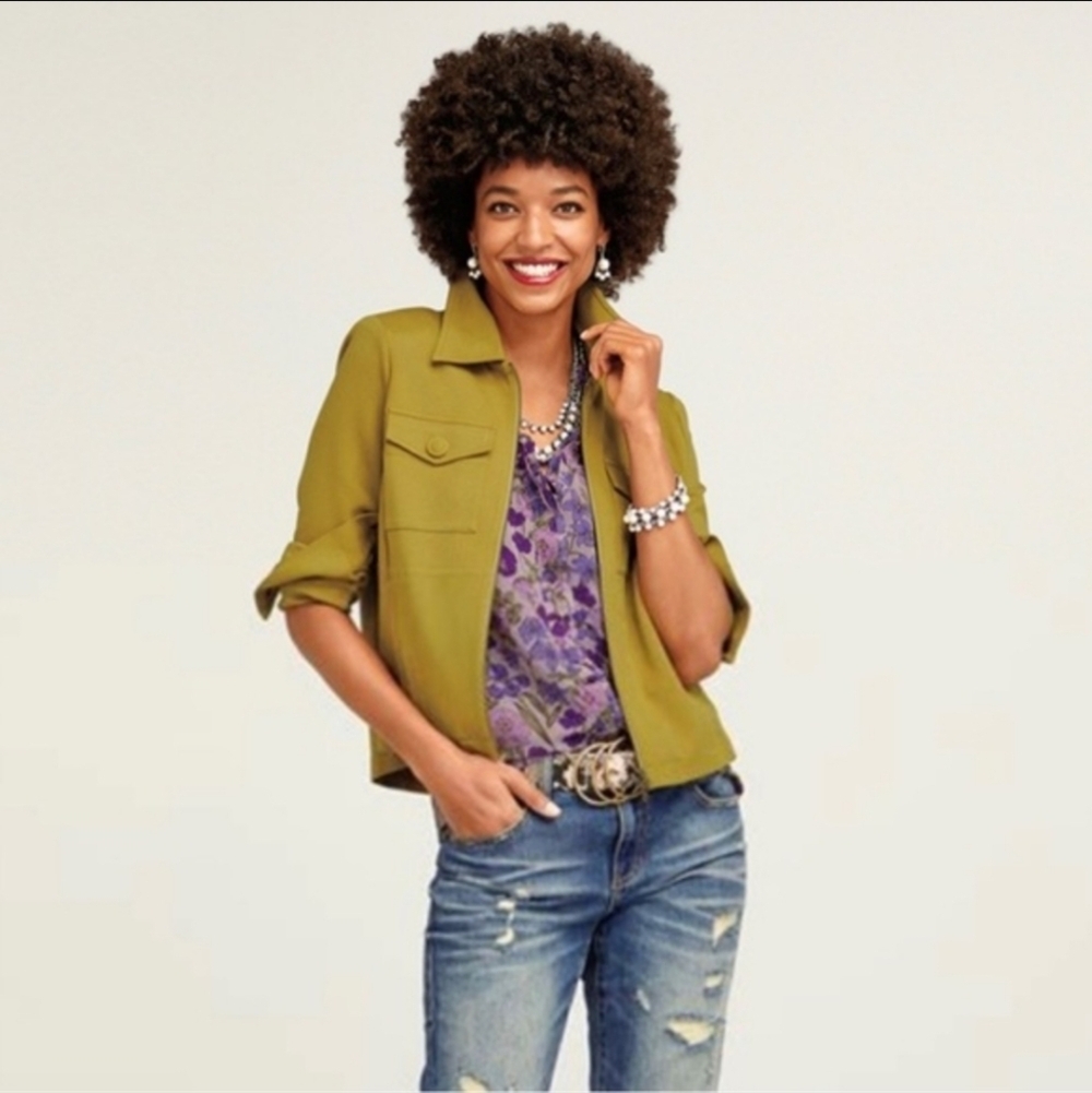 CAbi Touring Jacket 4117 Chartreuse Zip Up Medium Utility Shirt Shacket Trendy
